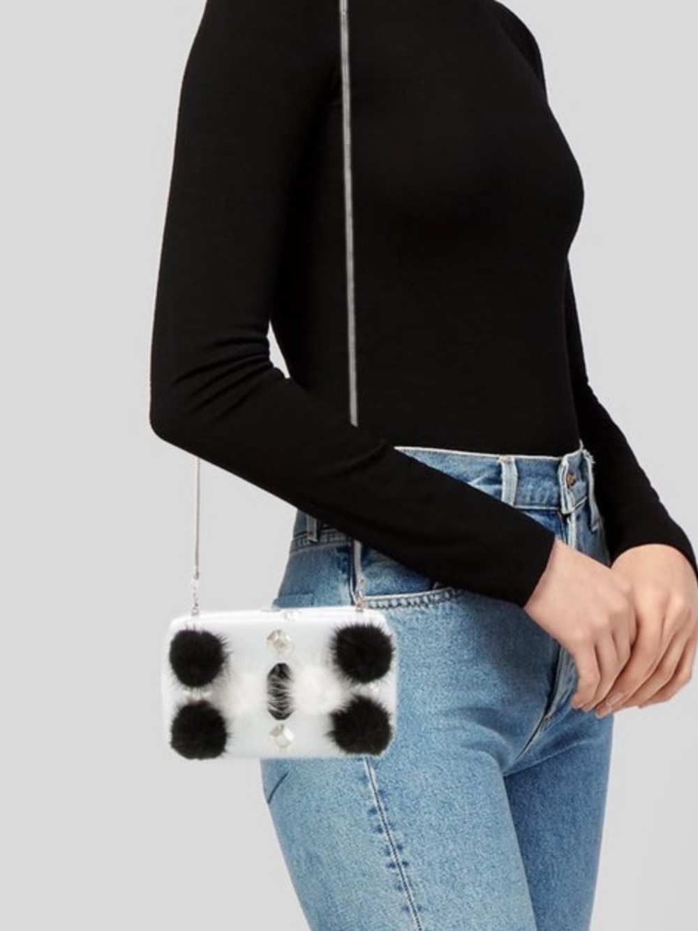 White Pom Pom Accent Crossbody Bag